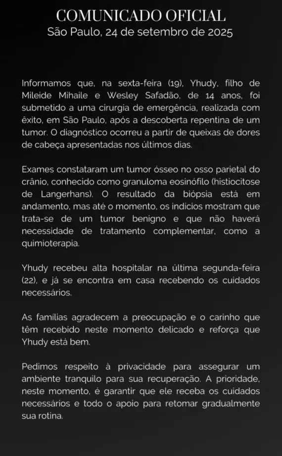 Comunicado - diagnóstico filho Wesley Safadão